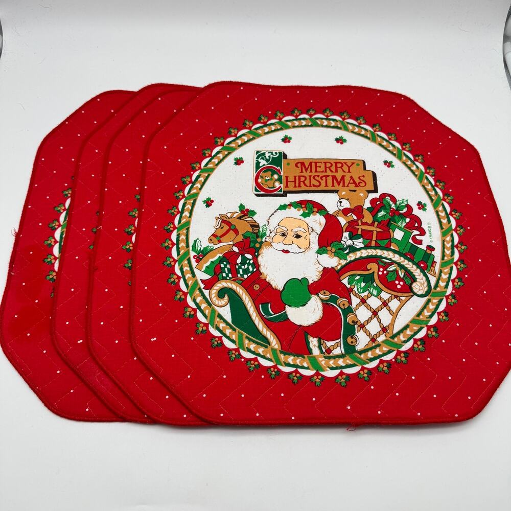 Vintage Franco Christmas Placemats Santa Sleigh Quilted Set of 4